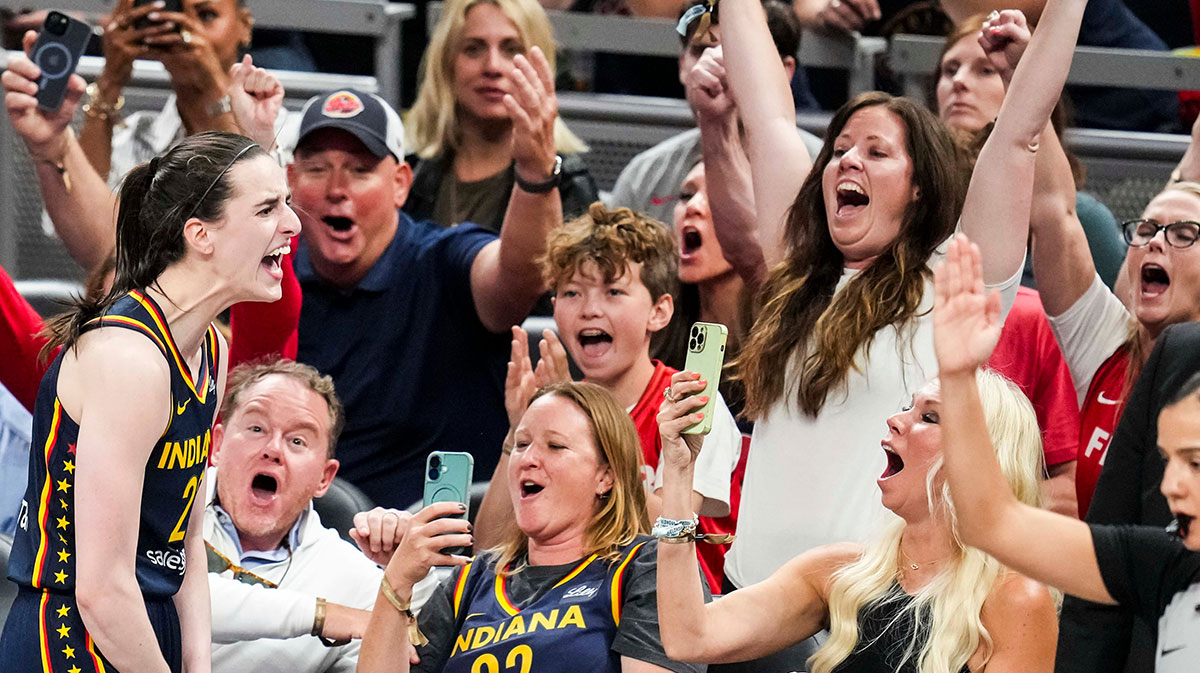Indiana Fever guard Caitlin Clark (22) celebrates after scoring a 3-pointer Tuesday, June 17, 2025, during a game between the Indiana Fever and the Connecticut Sun at Gainbridge Fieldhouse in Indianapolis. The Indiana Fever defeated the Connecticut Sun, 88-71.