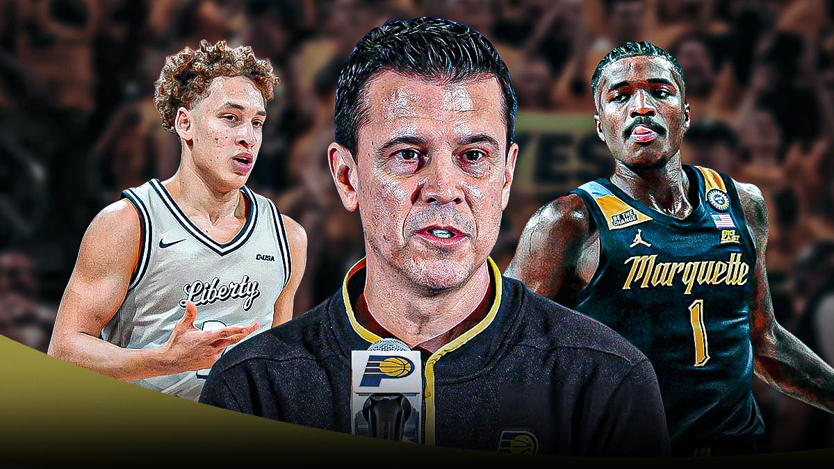 Pacers GM Chad Buchanan (center) with Marquette G Kam Jones and Liberty G Taelon Peter behind him. 2025 NBA Draft logo in background