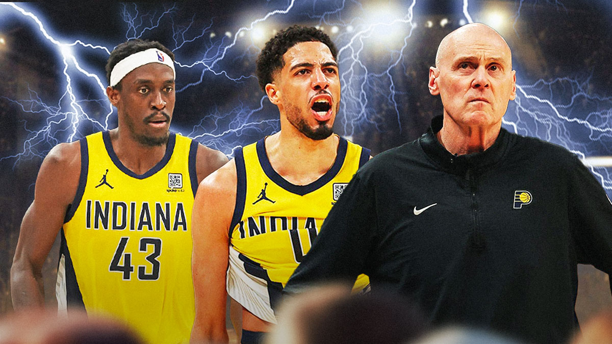 Head coach Rick Carlisle, Tyrese Hliburton, Pascal Siakam, all beside each other, Yellow lightning in the background