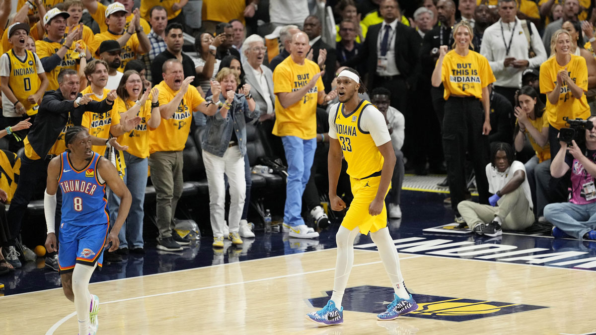 Indiana Pacers center Myles Turner (33) reacts after a play against the Oklahoma City Thunder during the second half during game three of the 2025 NBA Finals at Gainbridge Fieldhouse.