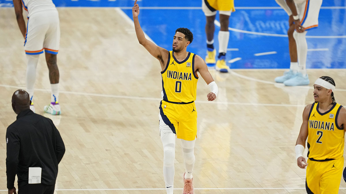 Indiana Pacers guard Tyrese Haliburton (0) reacts after a play against the Oklahoma City Thunder during the fourth quarter in game one of the 2025 NBA Finals at Paycom Center.