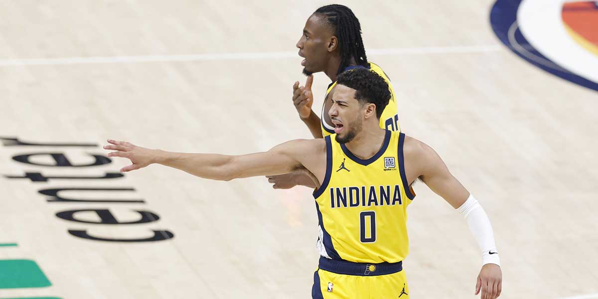 Indiana Pacers guard Tyrese Haliburton (0) reacts after a play against the Oklahoma City Thunder during the first half of game seven of the 2025 NBA Finals at Paycom Center.