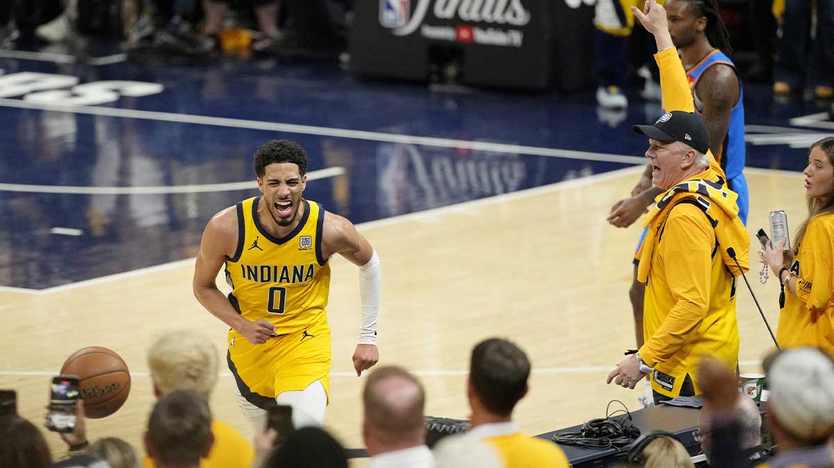 Indiana Pacers guard Tyrese Haliburton (0) reacts after a play against the Oklahoma City Thunder during the second half during game three of the 2025 NBA Finals at Gainbridge Fieldhouse.