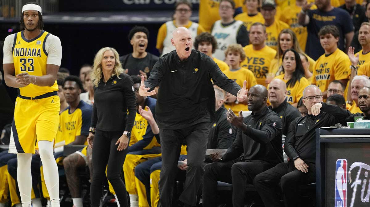 Indiana Pacers head coach Rick Carlisle reacts after a play against the Oklahoma City Thunder during the first half during game three of the 2025 NBA Finals at Gainbridge Fieldhouse.