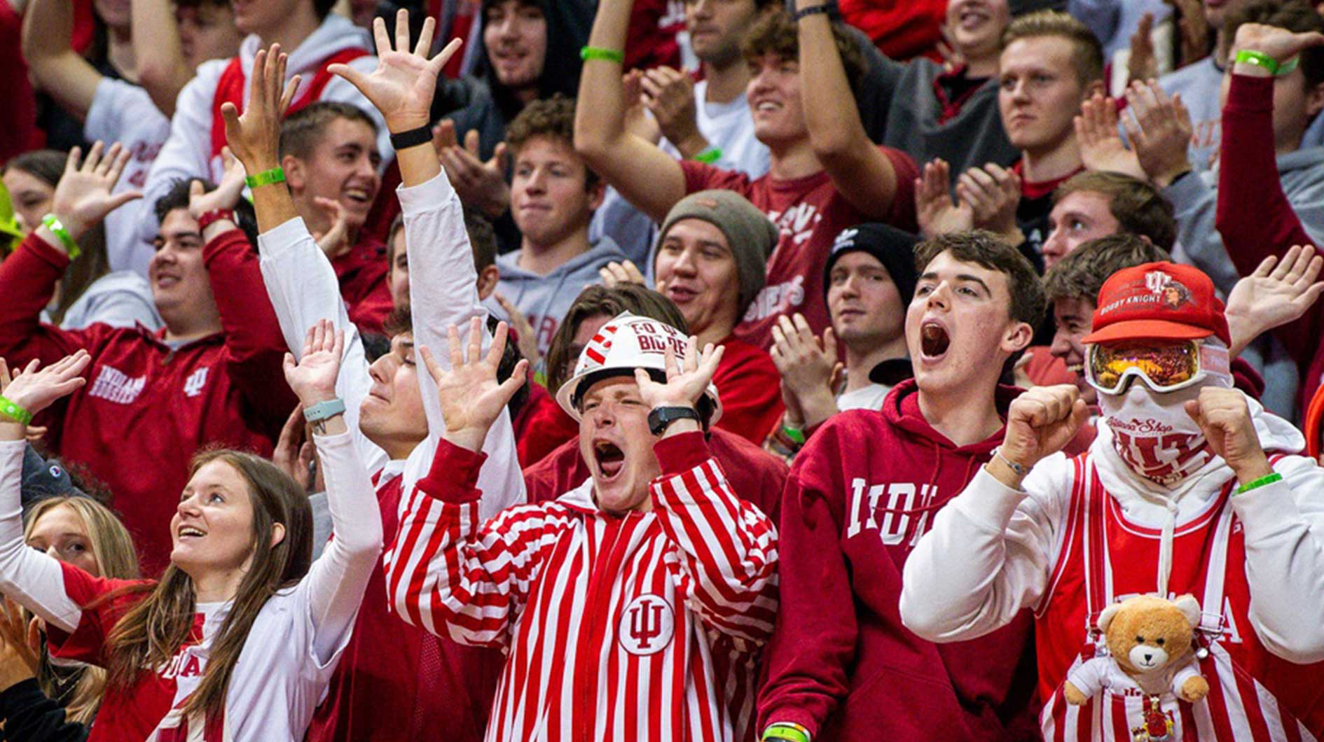 People in Indiana's student section cheer a dunk during the first half of the Indiana versus Penn State men's basketball game at Simon Skjodt Assembly Hall
