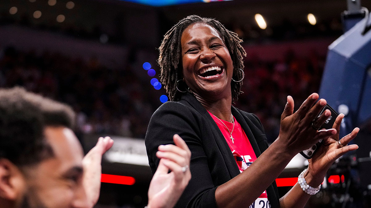 Former Indiana Fever forward Tamika Catchings smiles Friday, Aug. 16, 2024, during the game at Gainbridge Fieldhouse in Indianapolis.