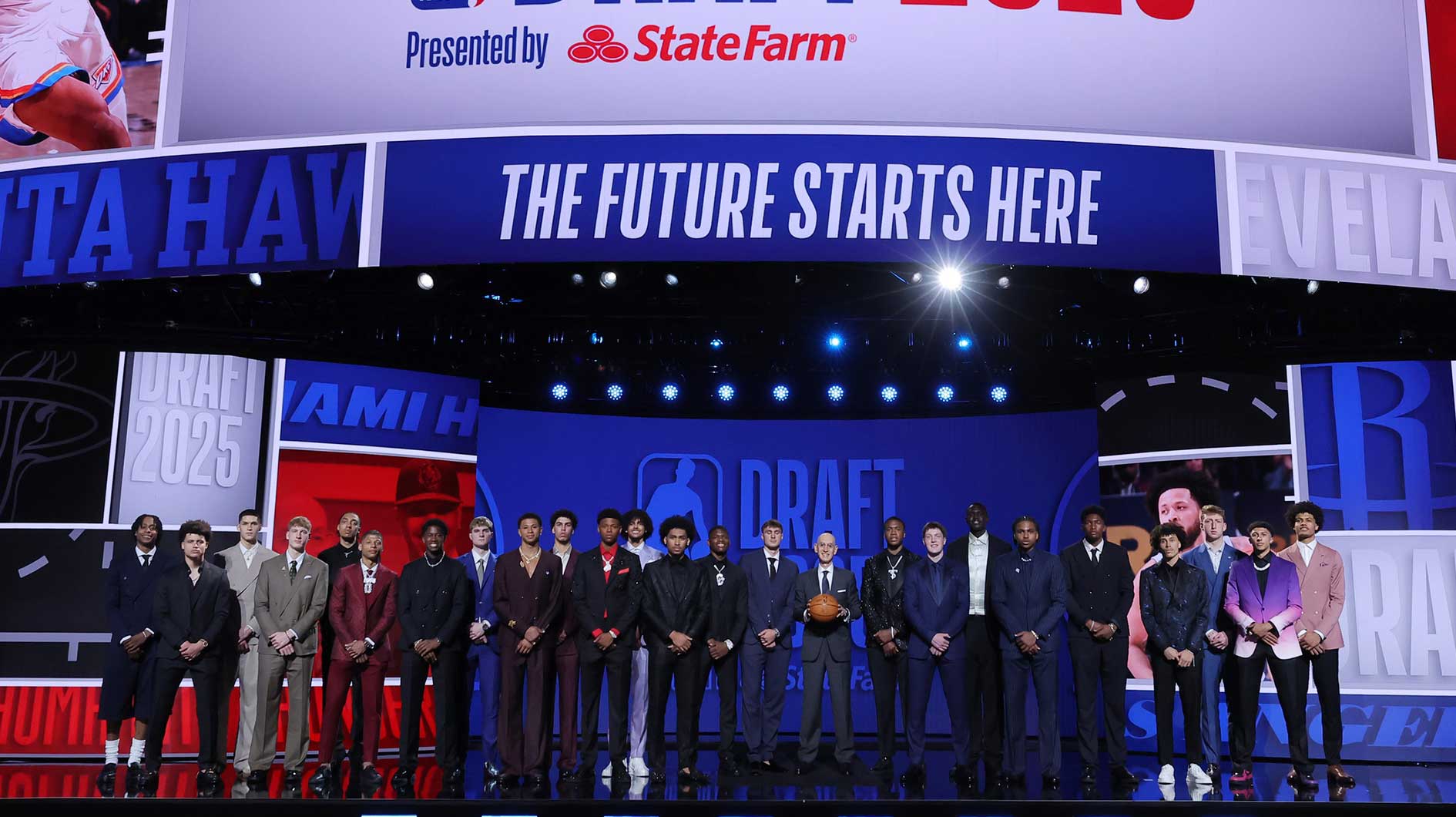 The 2025 NBA Draft class and NBA commissioner Adam Silver stand on stage before the first round of the 2025 NBA Draft at Barclays Center.