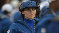 Indianapolis Colts vice chair and co-owner Carlie Irsay stands on the sidelines during the game against the Baltimore Ravens at M&T Bank Stadium.