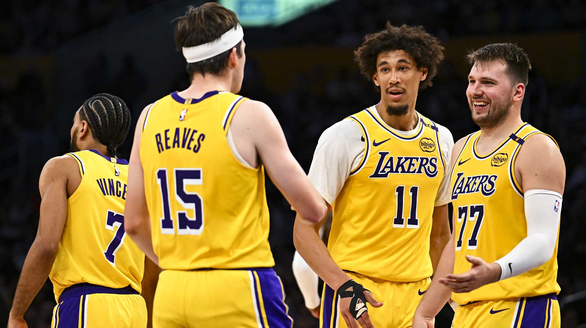 Los Angeles Lakers guard Luka Doncic (77) moves the ball against the Houston Rockets during the first half at Crypto.com Arena.