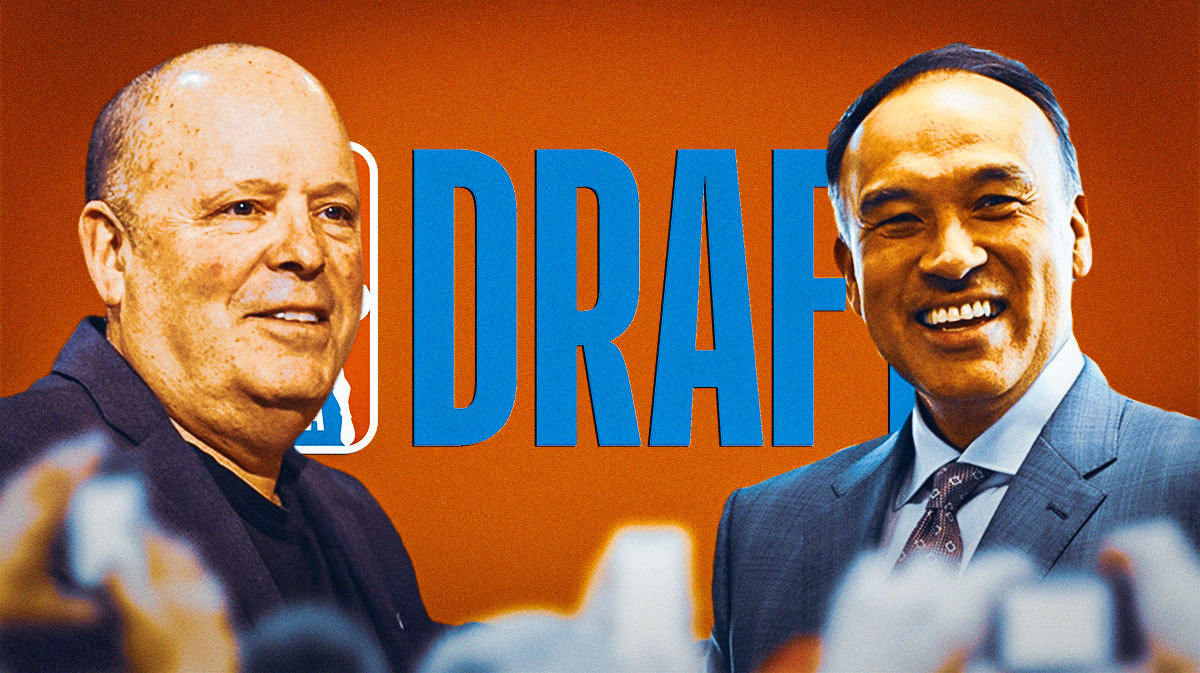 Leon Rose Knicks, Mark Tatum NBA, NBA Draft logo with orange background