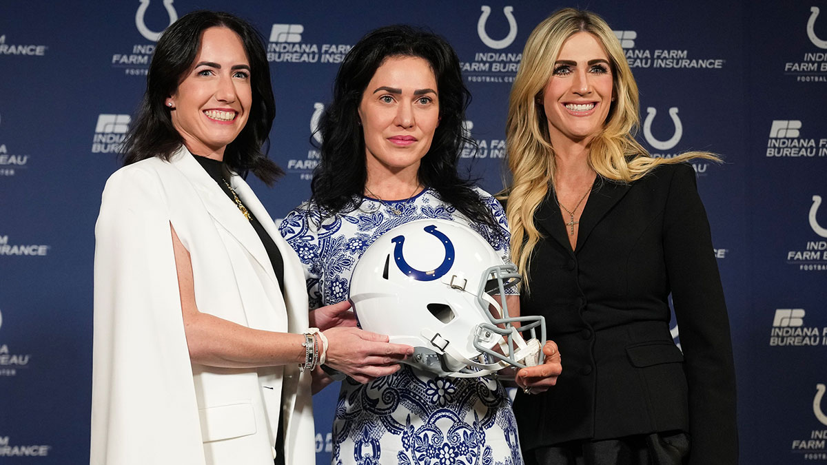 Kalen Jackson(left), Carlie Irsay-Gordon and Casey Foyt smile for a photo Tuesday, June 10, 2025, during a press conference at the Indiana Farm Bureau Football Center in Indianapolis. Grace Hollars/IndyStar / USA TODAY NETWORK via Imagn Images