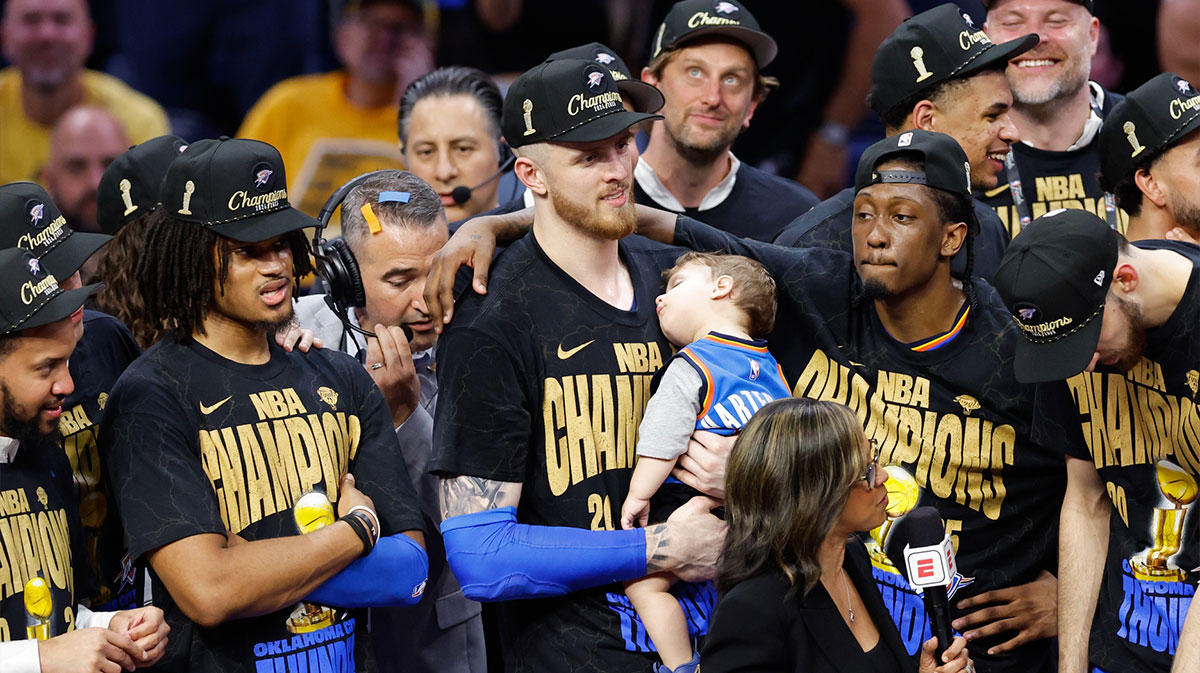 Oklahoma City Thunder center Isaiah Hartenstein (55) celebrates after winning game seven of the 2025 NBA Finals against the Indiana Pacers at Paycom Center.