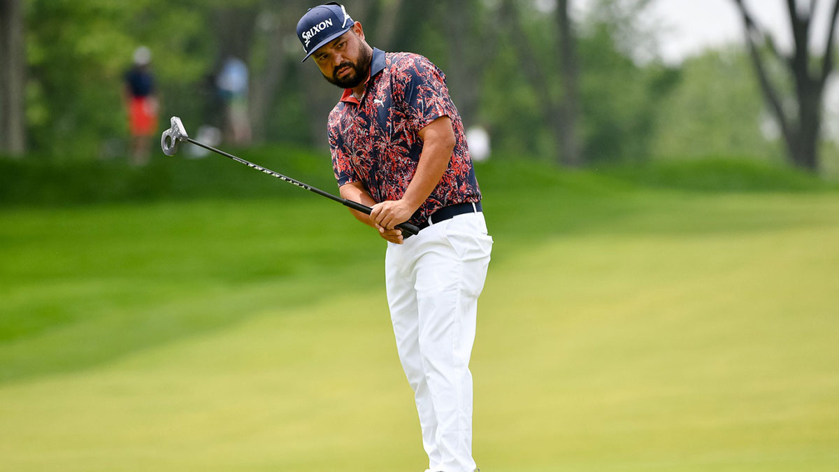 J.J. Spaun watches his putt on the No. 1 green during the second round of the 125th U.S. Open at Oakmont Country Club in Oakmont, Pa. on June 13, 2025.
