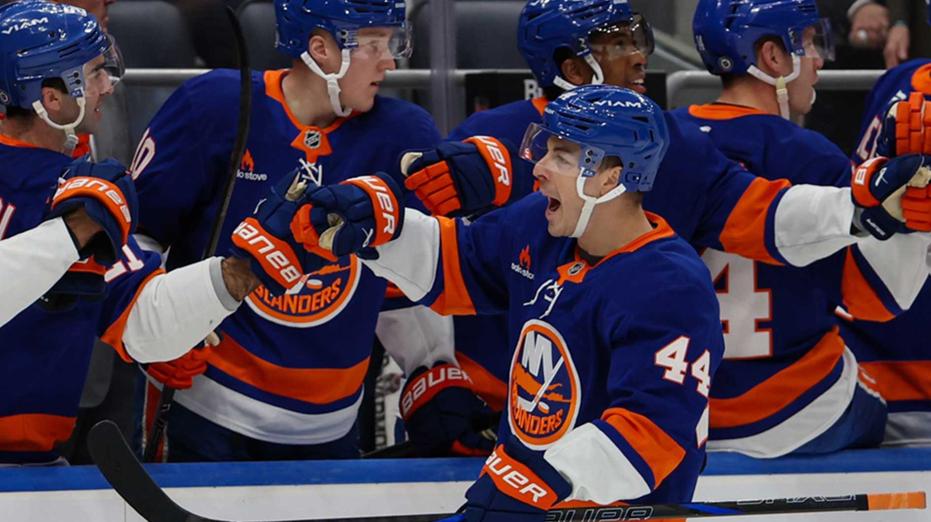 New York Islanders center Jean-Gabriel Pageau (44) celebrates his goal against the Nashville Predators during the first period at UBS Arena.