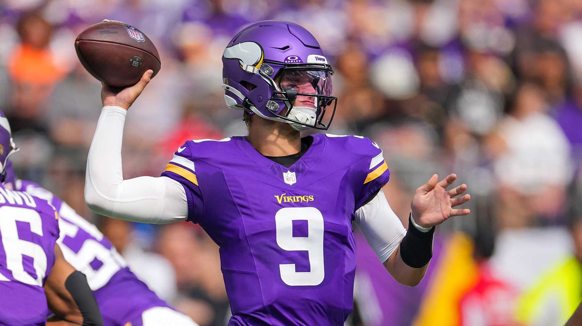 Minnesota Vikings quarterback J.J. McCarthy (9) passes against the Las Vegas Raiders in the second quarter at U.S. Bank Stadium.