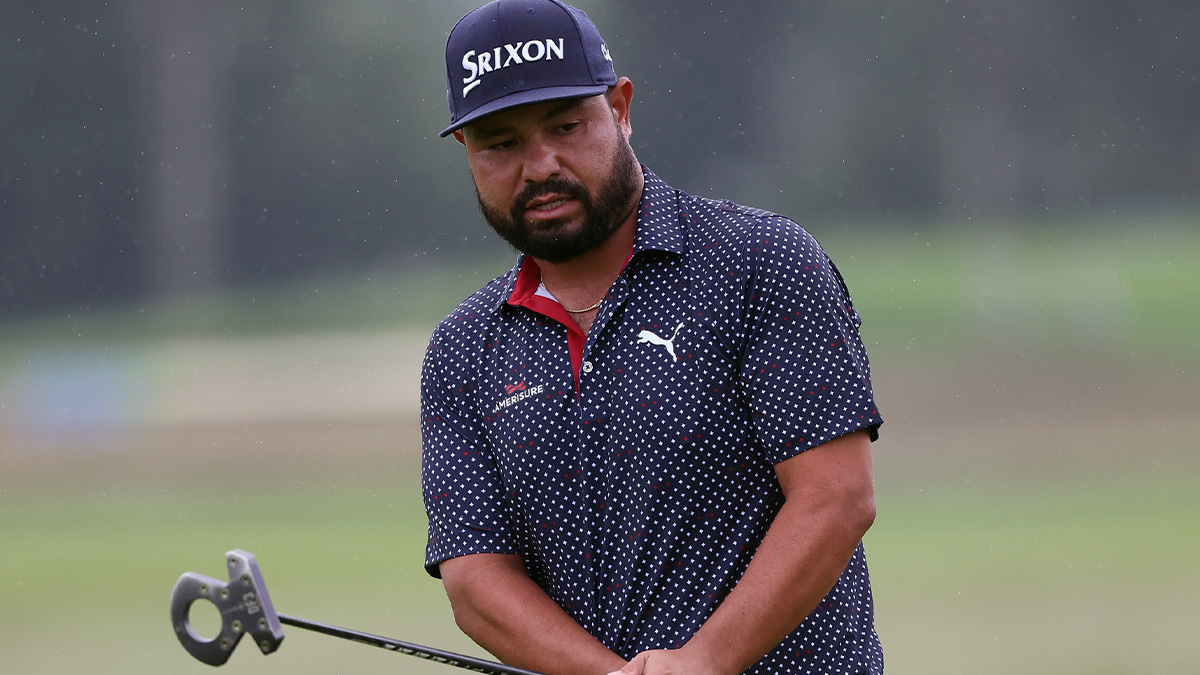 JJ Spaun reacts after putting on the 13th green during the final round of the U.S. Open golf tournament.