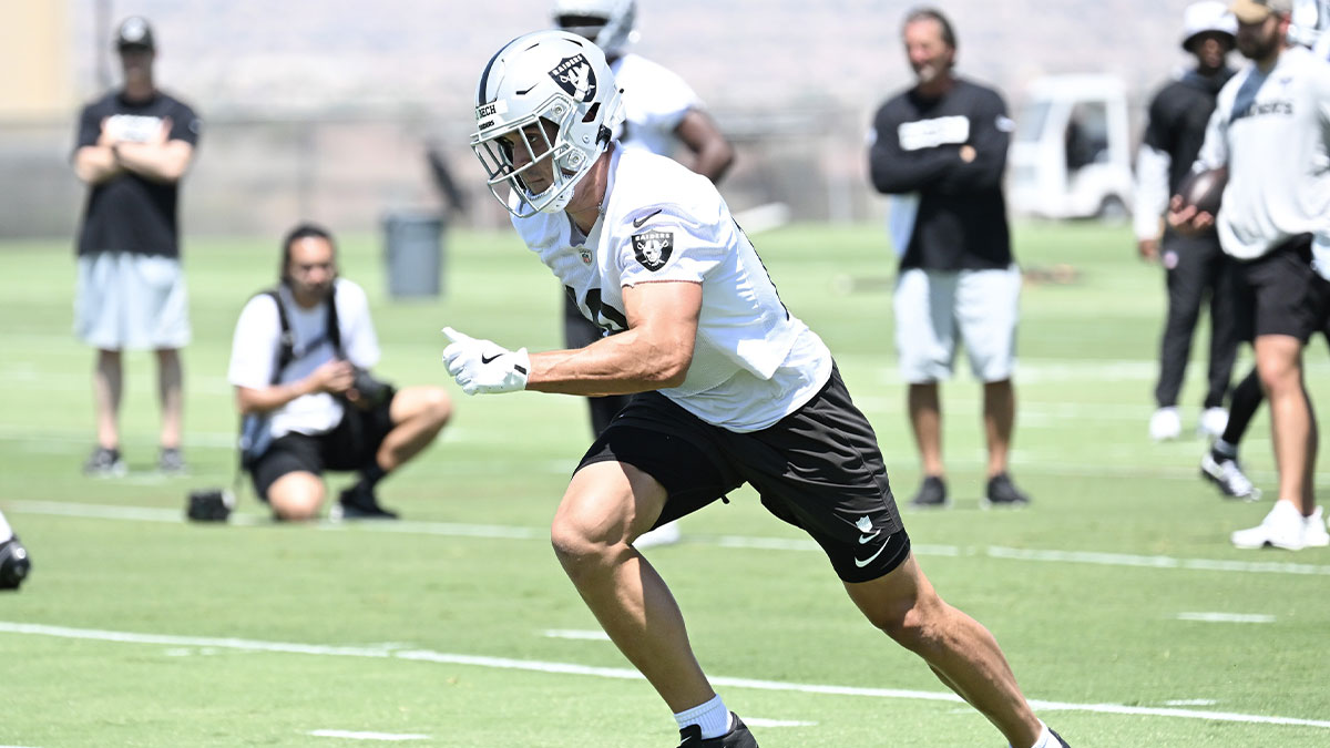 Las Vegas Raiders wide receiver Jack Bech (18) runs a drill during Las Vegas Raiders Minicamp at Intermountain Health Performance Center.