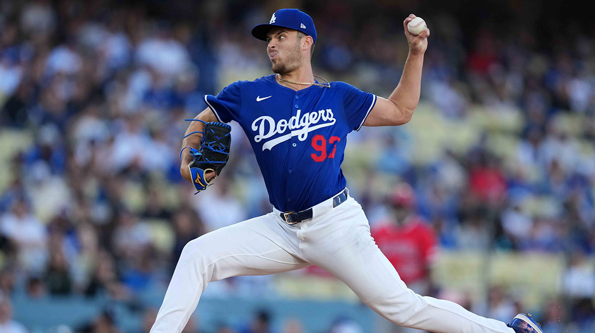 Los Angeles Dodgers pitcher Jackson Ferris (93) throws in the first inning against the Los Angeles Angels at Dodger Stadium.