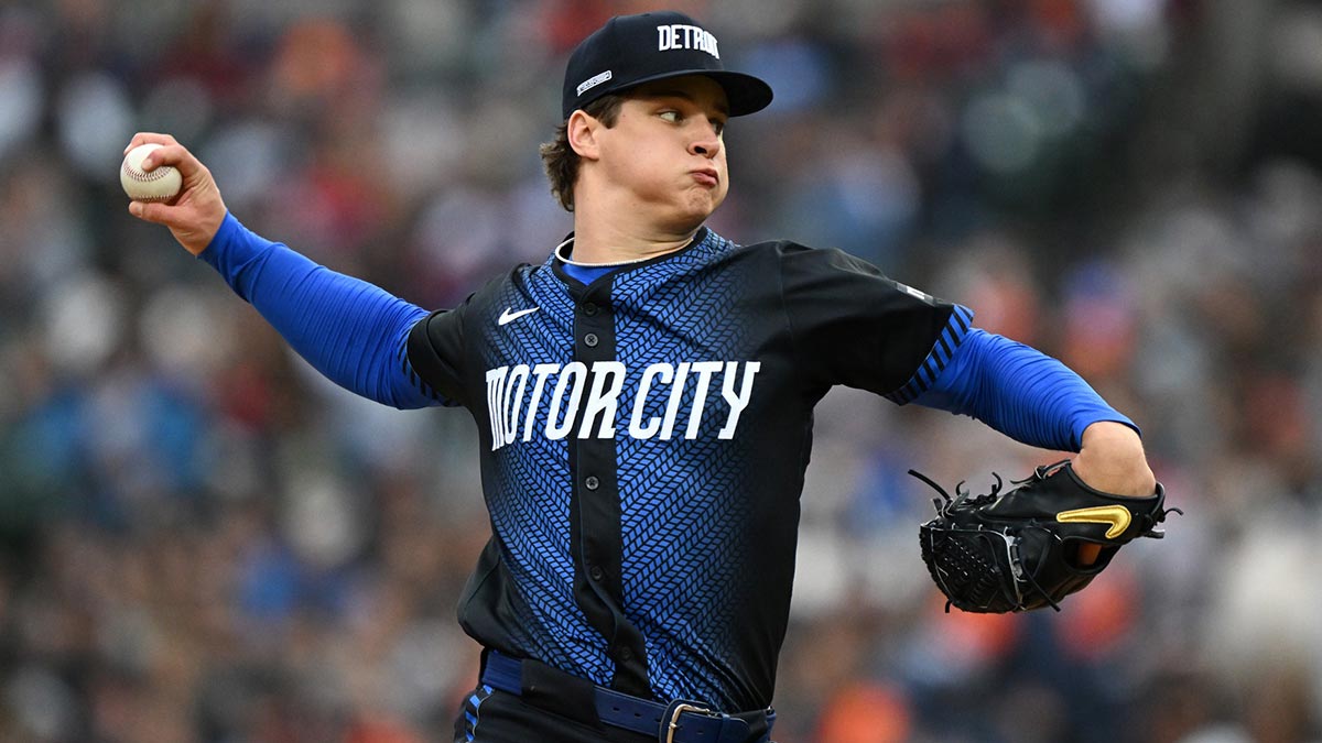 Detroit Tigers starting pitcher Jackson Jobe (21) throws a pitch against the Cleveland Guardians in the second inning at Comerica Park.