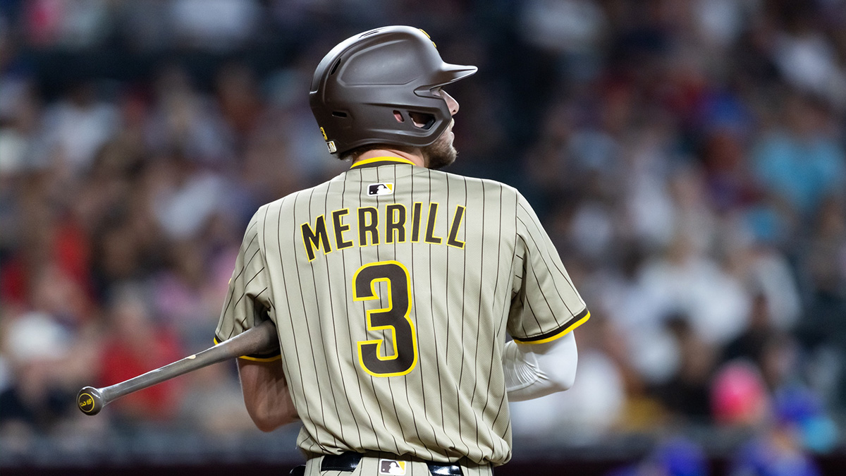 Jun 13, 2025; Phoenix, Arizona, USA; Detailed view of the jersey of San Diego Padres outfielder Jackson Merrill (3) against the Arizona Diamondbacks at Chase Field. Mandatory Credit: Mark J. Rebilas-Imagn Images
