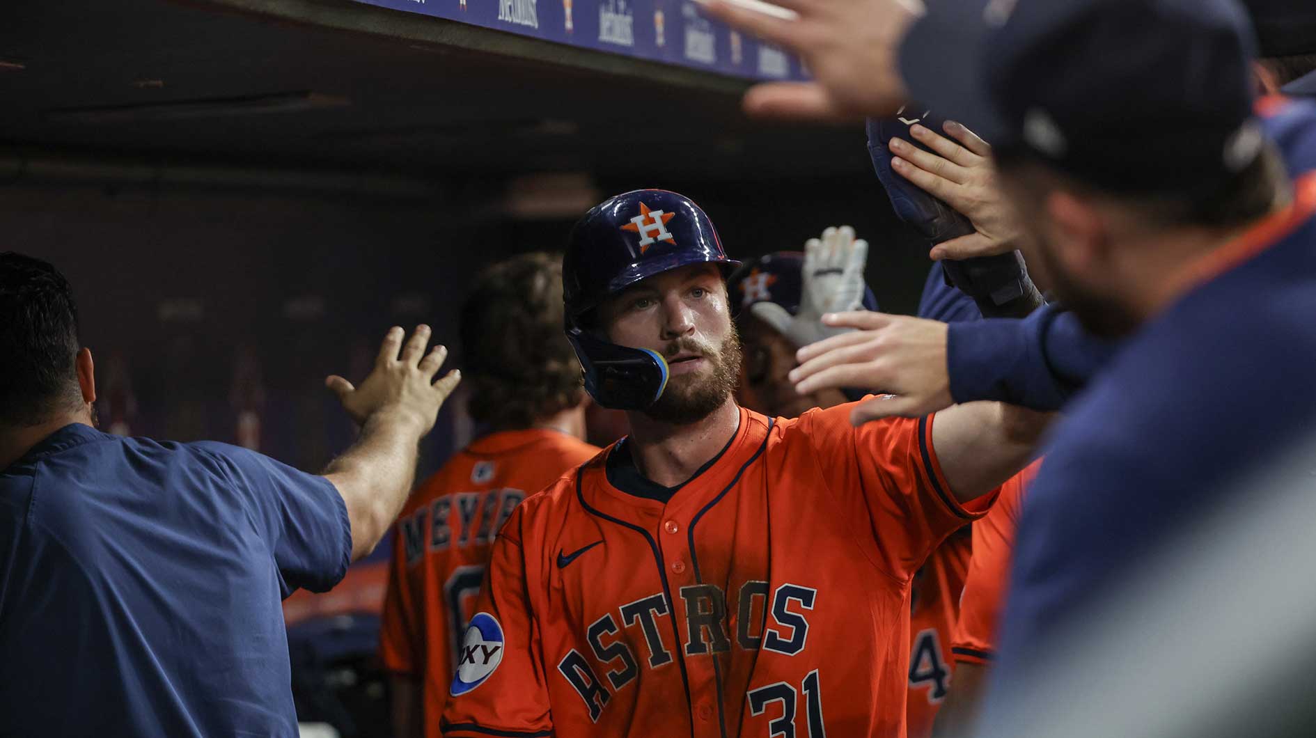 Houston Astros left fielder Jacob Melton (31) celebrates his run against the Minnesota Twins in the third inning.