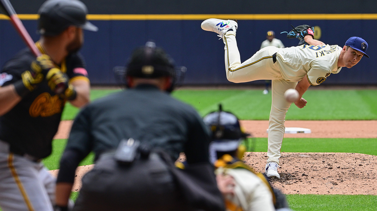 Jun 25, 2025; Milwaukee, Wisconsin, USA; Milwaukee Brewers starting pitcher Jacob Misiorowski (32) pitches to Pittsburgh Pirates shortstop Isiah Kiner-Falefa in the fifth inning at American Family Field. Mandatory Credit: Benny Sieu-Imagn Images