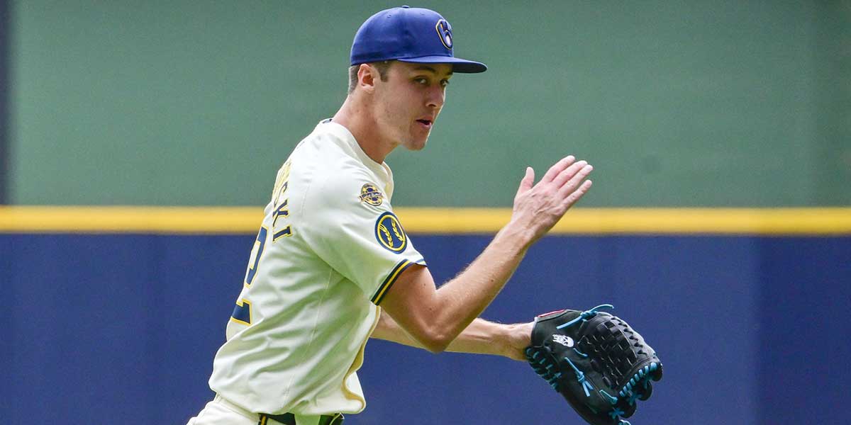 Milwaukee Brewers starting pitcher Jacob Misiorowski (32) reacts after pitching five scoreless innings against the Pittsburgh Pirates at American Family Field.