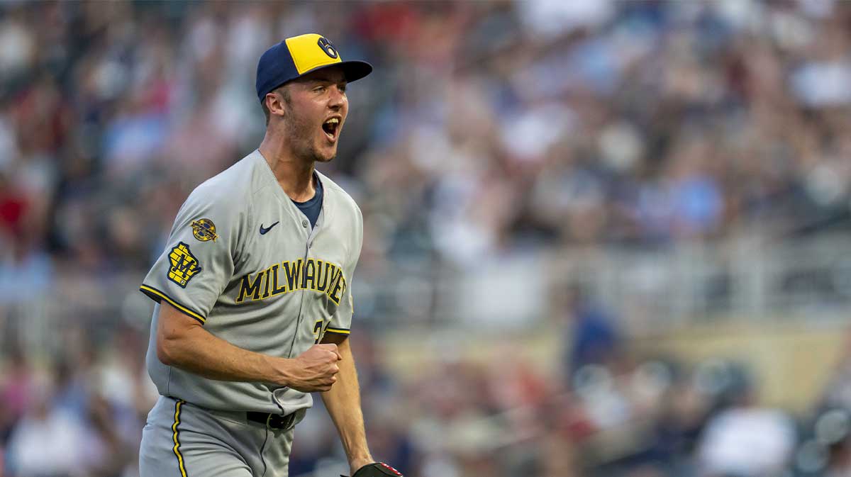 Milwaukee Brewers starting pitcher Jacob Misiorowski (32) celebrates striking out a batter in the fifth inning against the Minnesota Twins at Target Field.