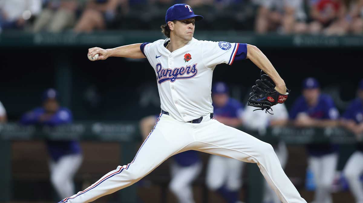 May 26, 2025; Arlington, Texas, USA; Texas Rangers pitcher Jacob deGrom (48) throws a pitch during the first inning against the Toronto Blue Jays at Globe Life Field.