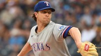 Texas Rangers starting pitcher Jacob deGrom throws to the Pittsburgh Pirates during the first inning at PNC Park.