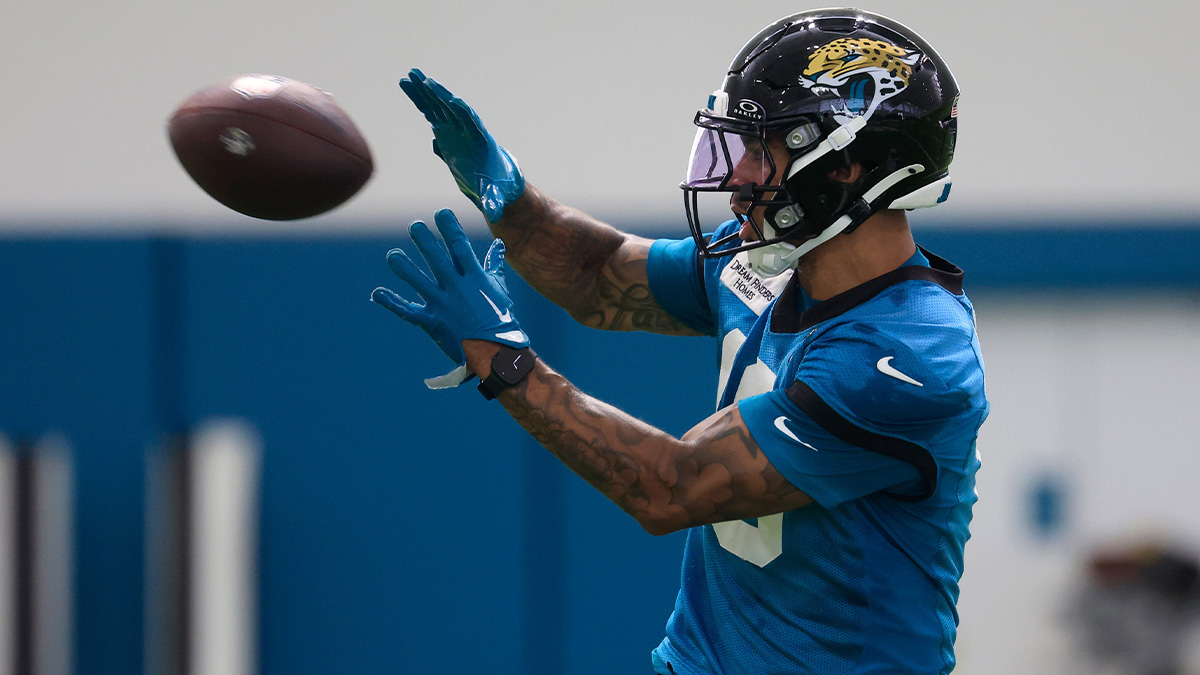 Jacksonville Jaguars wide receiver Eli Pancol (10) catches a pass during the 10th organized team activity at Miller Electric Center Wednesday, June 4, 2025 in Jacksonville, Fla.