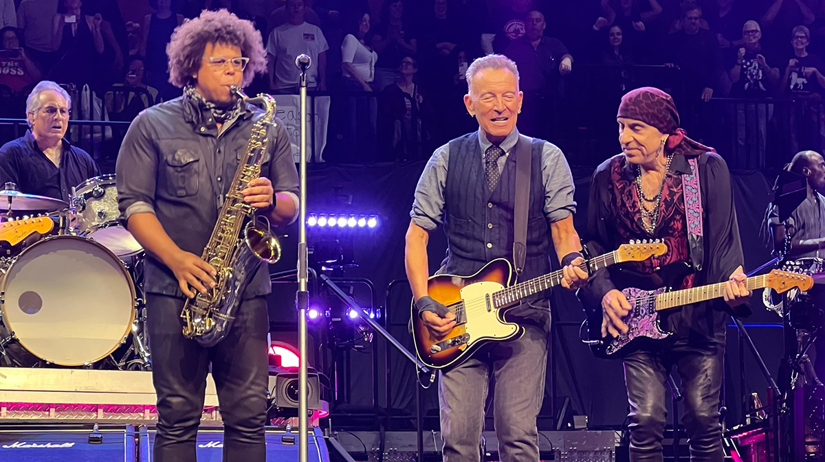 E Street Band members Jake Clemons, Bruce Springsteen, and Steven Van Zandt on tour in 2024.