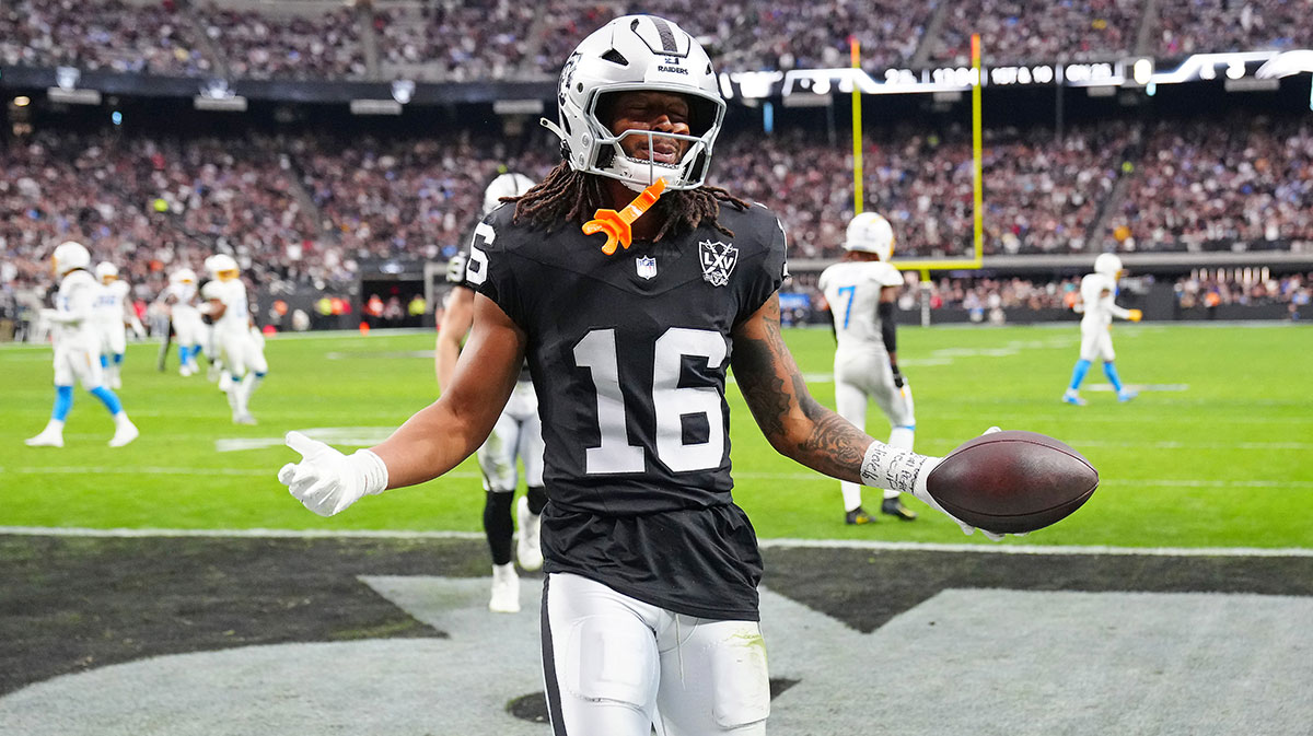 Las Vegas Raiders wide receiver Jakobi Meyers (16) celebrates after scoring a touchdown against the Los Angeles Chargers during the second quarter at Allegiant Stadium.