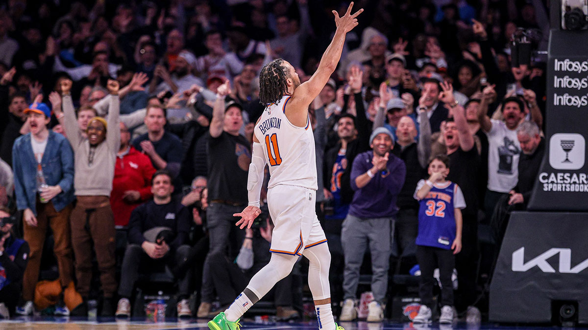 New York Knicks guard Jalen Brunson (11) reacts after makes a three point basket during the second half against the Houston Rockets.