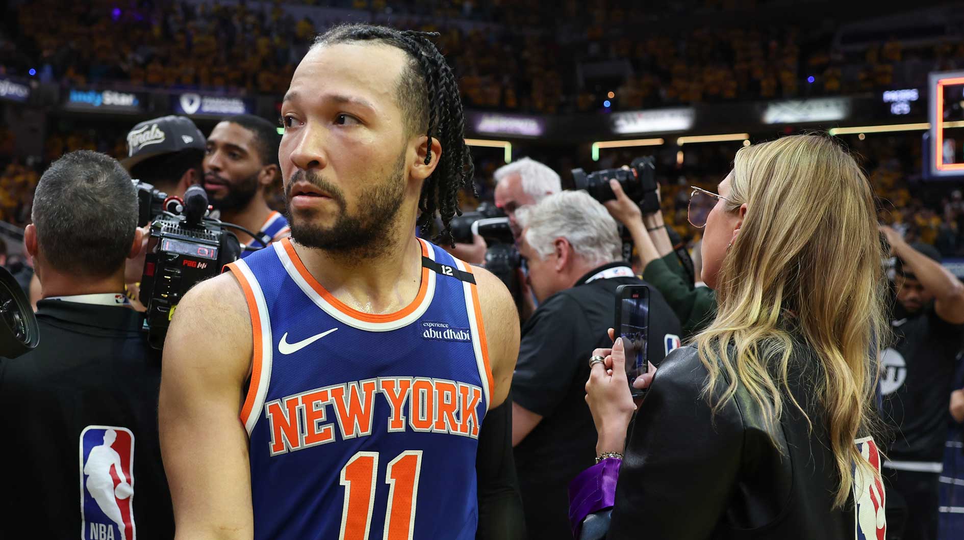 May 31, 2025; Indianapolis, Indiana, USA; New York Knicks guard Jalen Brunson (11) reacts after game six of the eastern conference finals against the Indiana Pacers for the 2025 NBA Playoffs at Gainbridge Fieldhouse. Mandatory Credit: Trevor Ruszkowski-Imagn Images