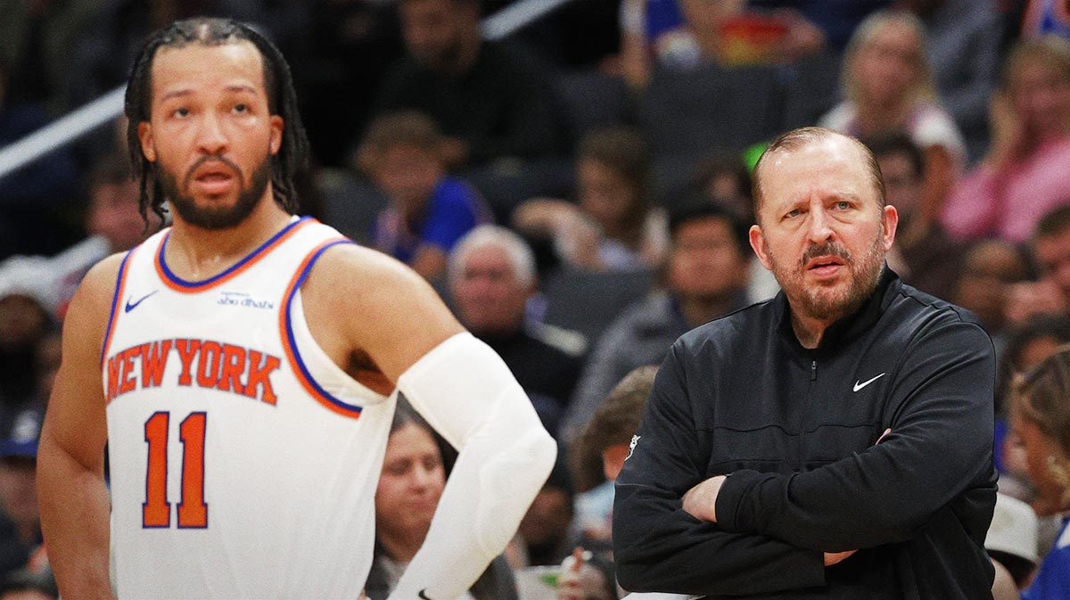 New York Knicks head coach Tom Thibodeau (R) and Knicks guard Jalen Brunson (11) look on during a stoppage in play against the Washington Wizards in the third quarterat Capital One Arena.