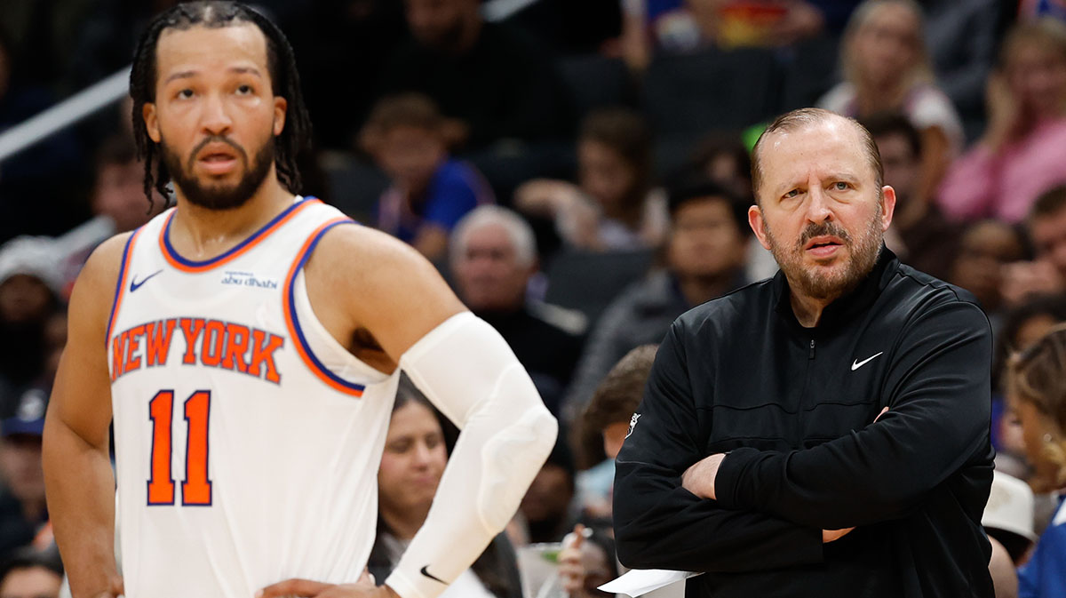 New York Knicks head coach Tom Thibodeau (R) and Knicks guard Jalen Brunson (11) look on during a stoppage in play against the Washington Wizards in the third quarterat Capital One Arena.
