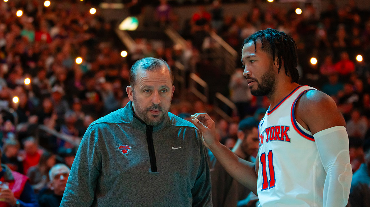 New York Knicks head coach Tom Thibodeau with guard Jalen Brunson (11) against the Phoenix Suns at Footprint Center.