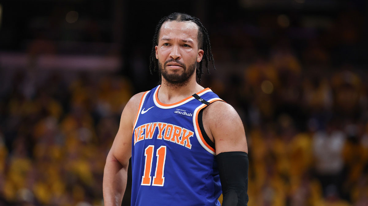 New York Knicks guard Jalen Brunson (11) reacts in the second quarter during game six of the eastern conference finals against the Indiana Pacers for the 2025 NBA Playoffs at Gainbridge Fieldhouse.