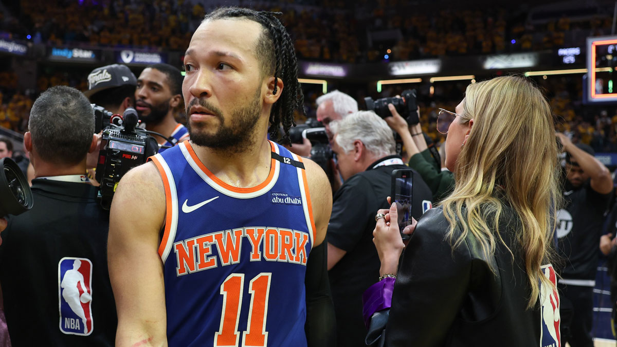 New York Knicks guard Jalen Brunson (11) reacts after game six of the eastern conference finals against the Indiana Pacers for the 2025 NBA Playoffs at Gainbridge Fieldhouse. 