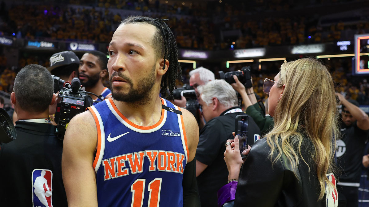 New York Knicks guard Jalen Brunson (11) reacts after game six of the eastern conference finals against the Indiana Pacers for the 2025 NBA Playoffs at Gainbridge Fieldhouse.