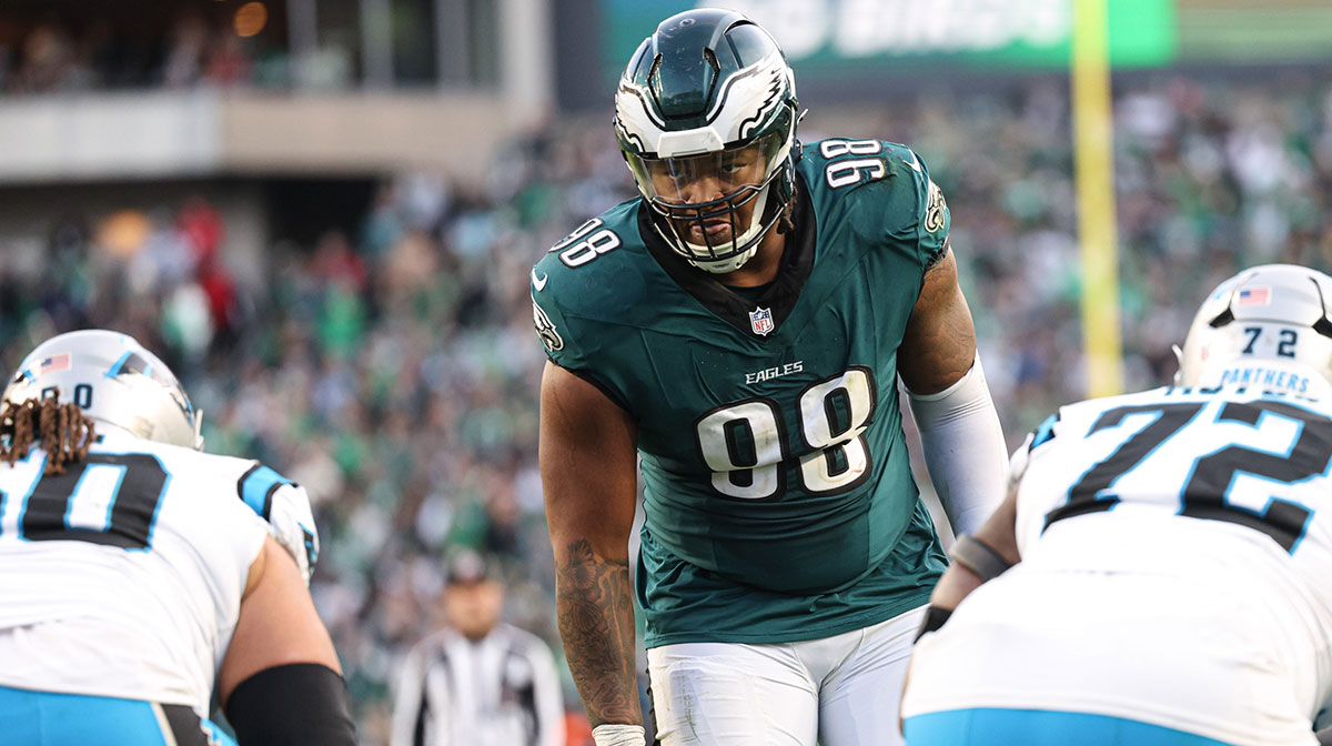 Dec 8, 2024; Philadelphia, Pennsylvania, USA; Philadelphia Eagles defensive tackle Jalen Carter (98) lines up for a play against the Carolina Panthers at Lincoln Financial Field. Mandatory Credit: Bill Streicher-Imagn Images