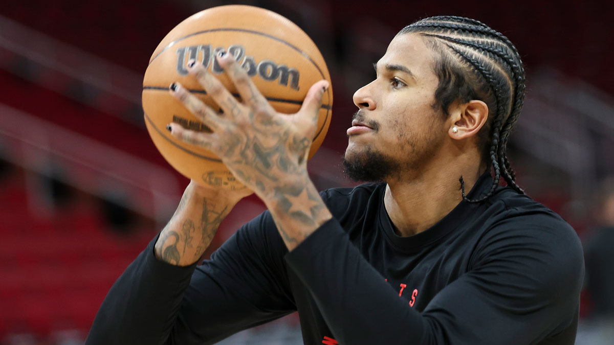 Houston Rockets guard Jalen Green (4) warms up before the game against the Orlando Magic at Toyota Center.