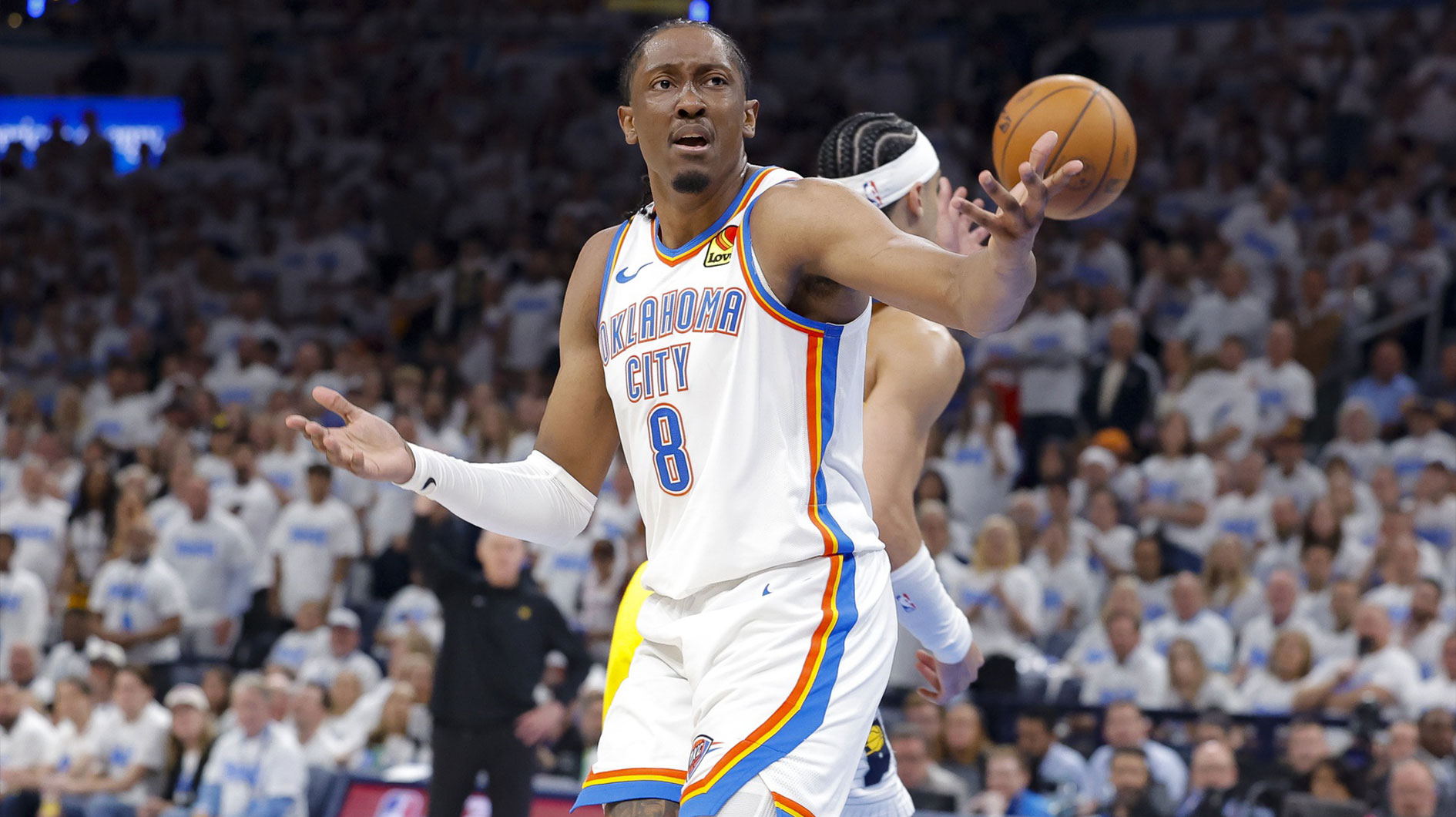 Oklahoma City Thunder forward Jalen Williams (8) reacts to a call during the third quarter against the Indiana Pacers during game one of the 2025 NBA Finals at Paycom Center