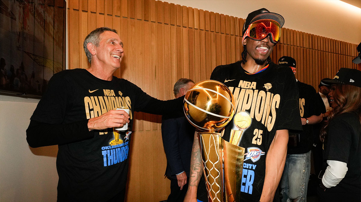 Oklahoma City Thunder forward Jalen Williams (8) celebrates after winning game seven of the 2025 NBA Finals against the Indiana Pacers at Paycom Center.
