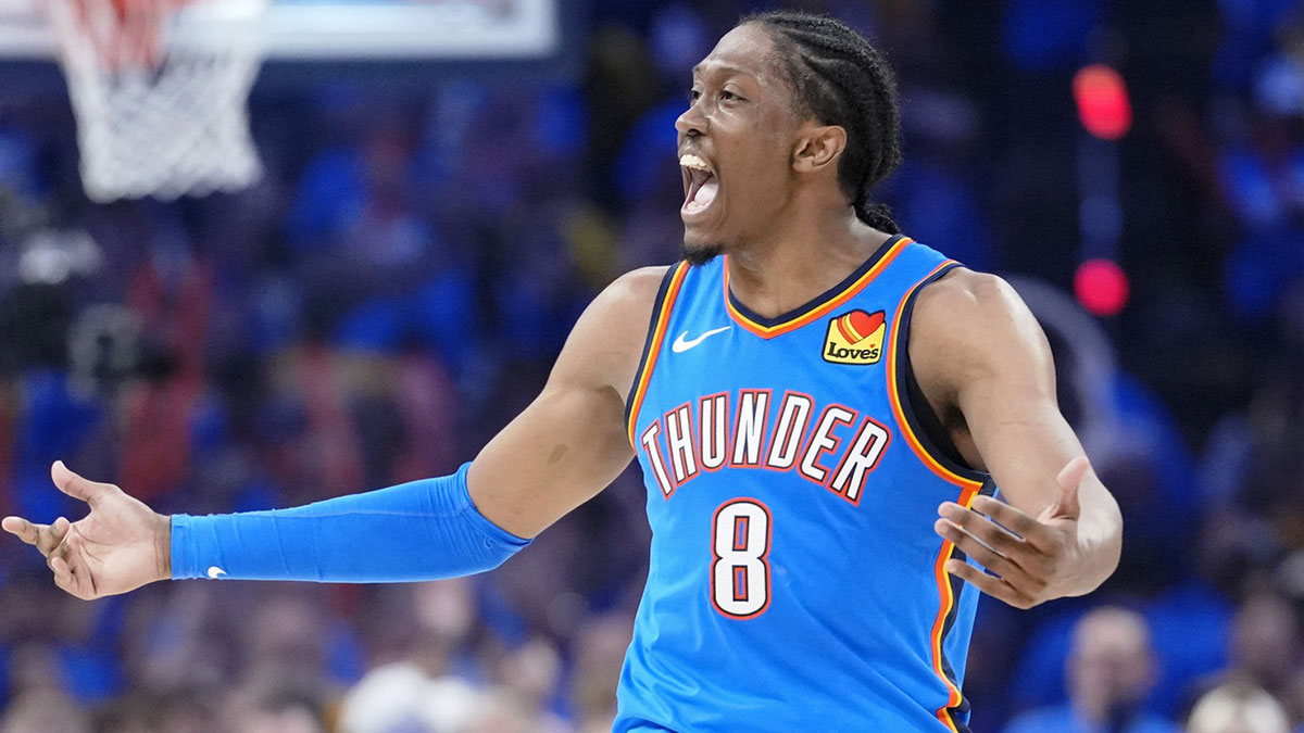 Oklahoma City Thunder forward Jalen Williams (8) reacts after a play against the Indiana Pacers during the second half of game seven of the 2025 NBA Finals at Paycom Center.