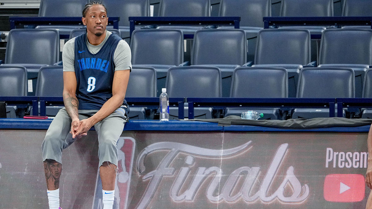 Oklahoma City forward Jalen Williams (8) sits during an NBA Finals practice session ahead of Game 2.