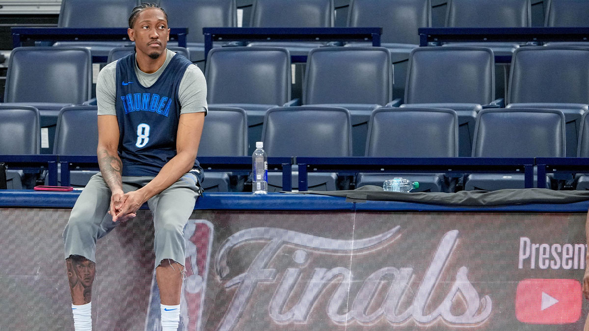 Oklahoma City forward Jalen Williams (8) sits during an NBA Finals practice session ahead of Game 2 at Paycom Center Oklahoma City, on Saturday, June 7, 2025.