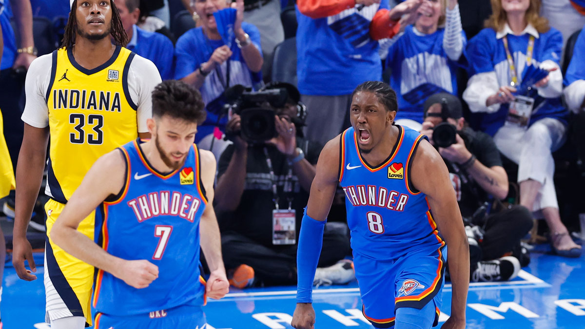Oklahoma City Thunder forward Jalen Williams (8) reacts after scoring against the Indiana Pacers during the second half of game seven of the 2025 NBA Finals at Paycom Center.