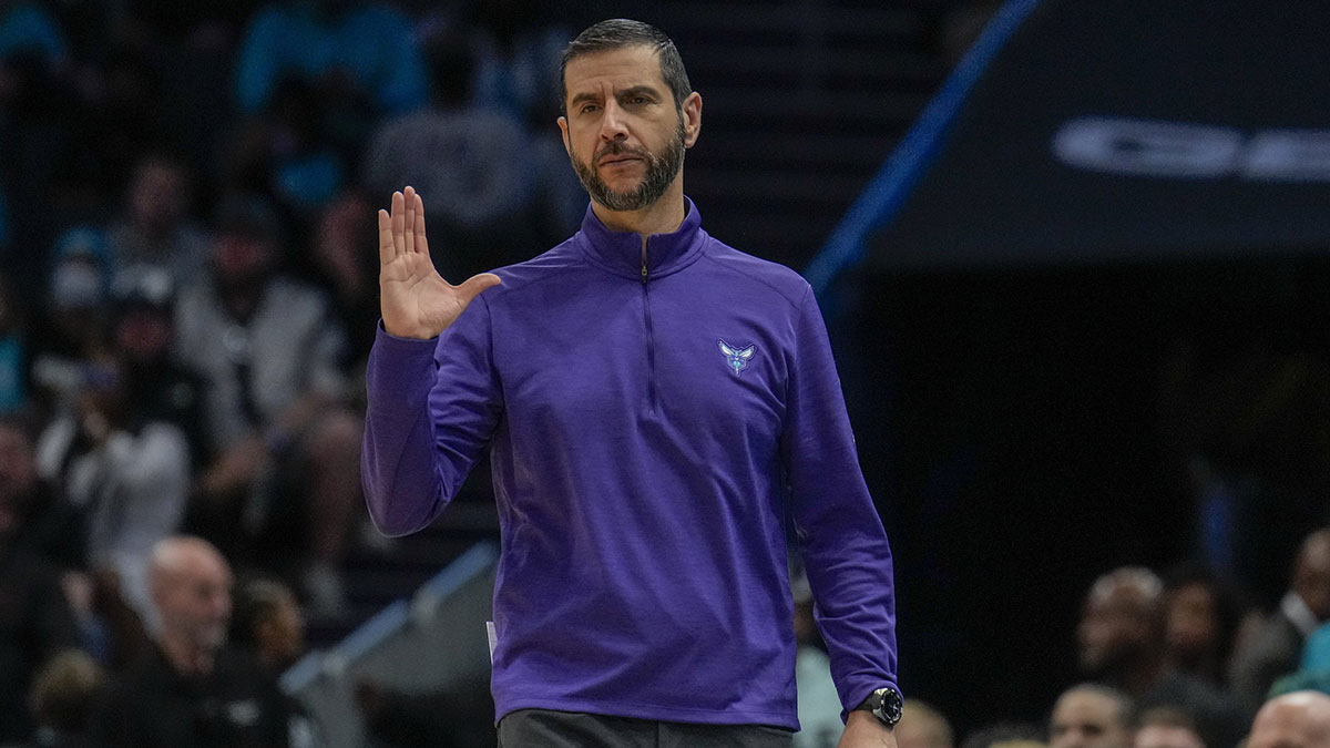 Charlotte Hornets head coach James Borrego tries to calm down his team from the sideline during the second half against the Washington Wizards at Spectrum Center.